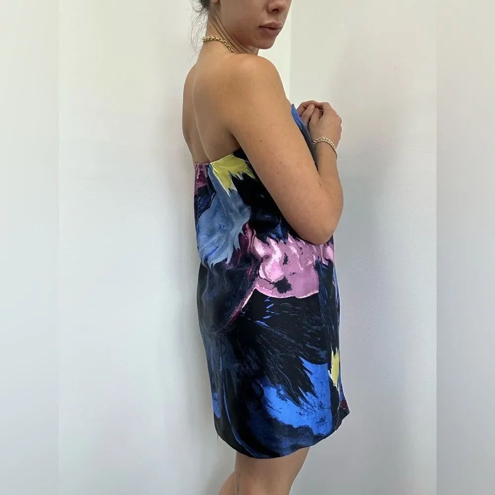 Tibi Vintage Multi-color 100% Silk Strapless Wrap Dress Sweetheart Neck Size 4 - Picture 4 of 11
